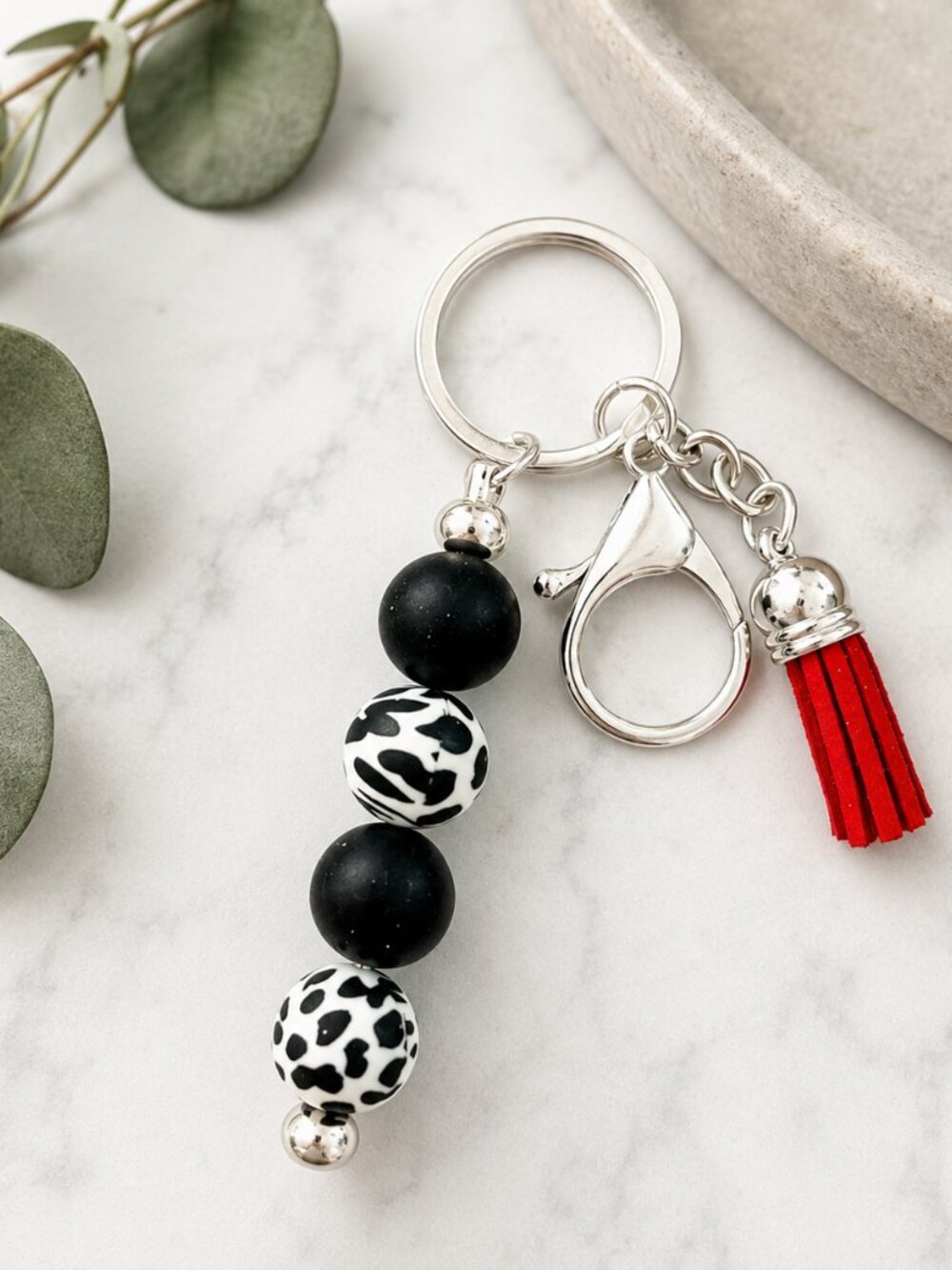 Cow Print Beaded Keychain, Daisy Charm - Chaos Managed Most Days